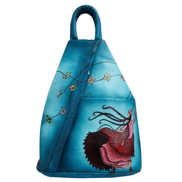 Hand-Painted Leather Triangle Blue Backpack for Women, Top Handle Daypack Bag - Picture 1 of 7